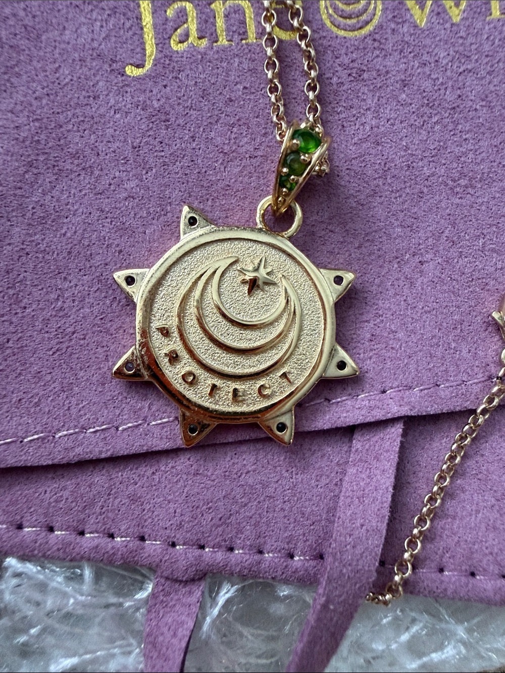 Gold-Tone Crescent & Star Sunburst Pendant Necklace with Green Accent